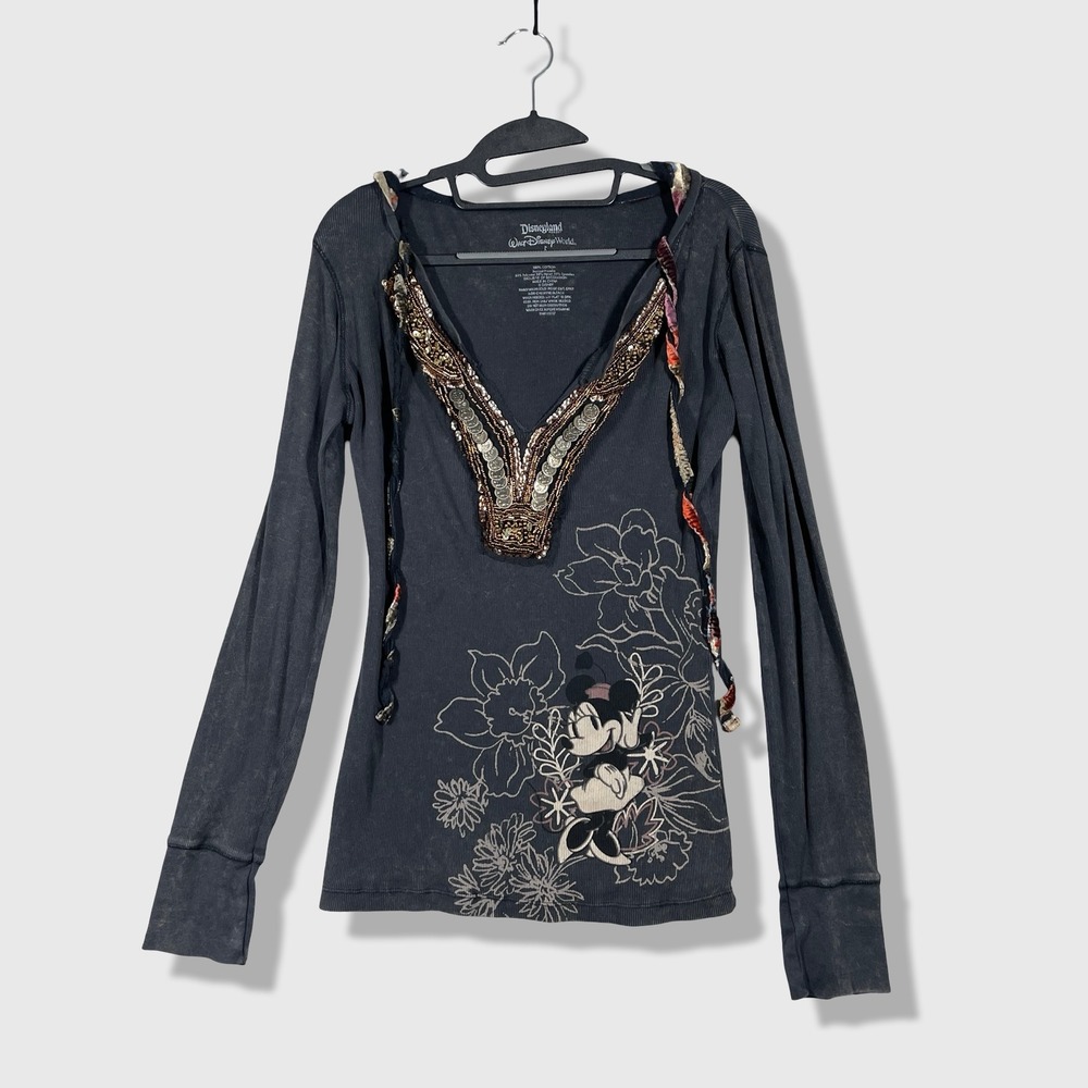 Disneyland Resort Hoodie Women L Gray Minnie Mouse Y2K Sequin Floral Boho Velvet